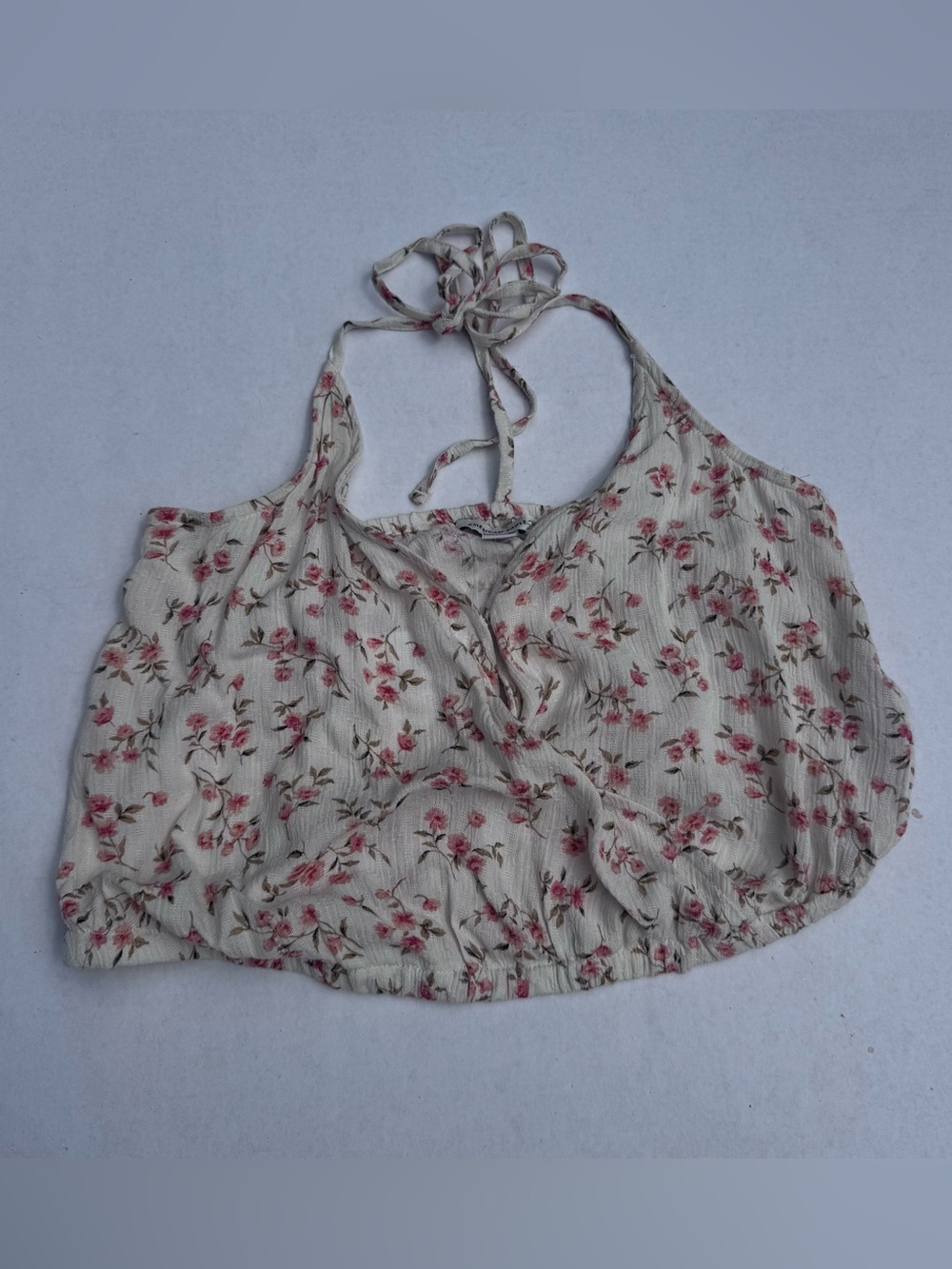 American Eagle Floral Halter Crop Top Medium Tie Back Ruched Cottagecore NWT